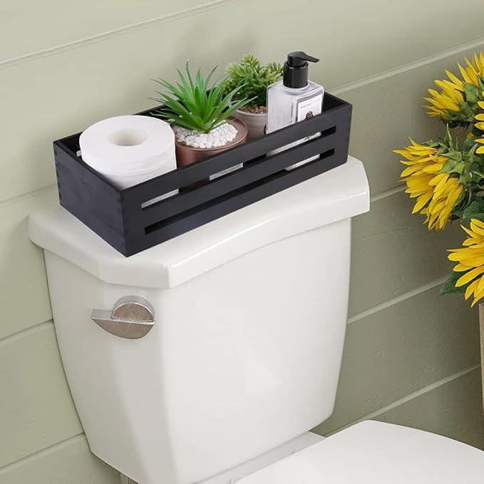 LotFancy Bathroom Decor Box, 2 Pack Wooden Toilet Paper Holder, Black Toilet Tank Basket, Back of Toilet Storage Basket, Farmhouse Toilet Tank Topper - ModernBath