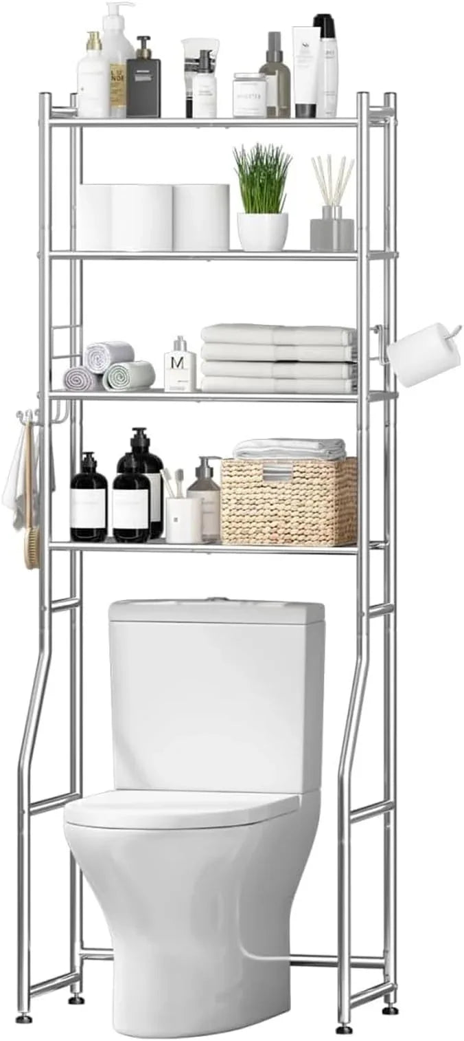 Over The Toilet Storage Rack, 4-Tier Metal Over Toilet Storage Shelves, Freestanding Bathroom Organizer with 4 Hooks and Paper Holder, Above The Toilet Storage Shelf for Bathroom, Chrome - ModernBath