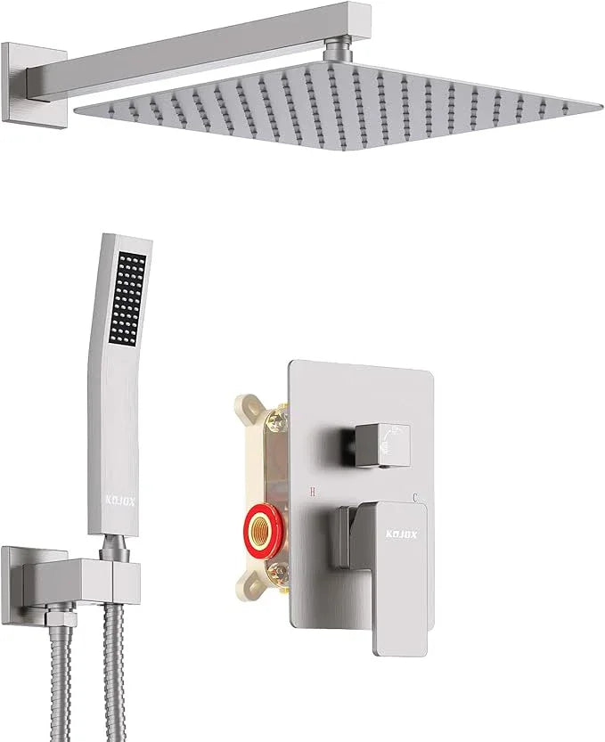 KOJOX Shower System with High Pressure 10 Inch Rainfall Shower Head, Handheld Shower head and Shower Faucet Trim valve, Bathroom Luxury Rain Mixer Shower Set Wall Mounted Brushed Nickel - ModernBath