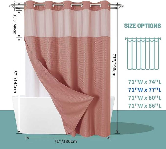 eachope Coral No Hook Waffle Weave Shower Curtain with snap-in Liner Replacement, 230GSM Waterproof Fabric Hotel Shower Curtain Set for Bathroom, Through Mesh Top Window,71Wx77H - ModernBath