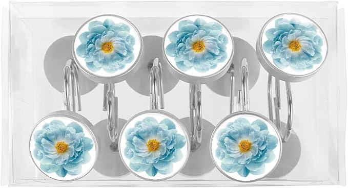 12 Pcs Decorative Shower Curtain Hooks, Rust Proof Glass Surface Stainless Steel Rings for Bathroom Bedroom Kitchen Home Bath Room Rods Decor (Turquoise Peony Flower) - ModernBath