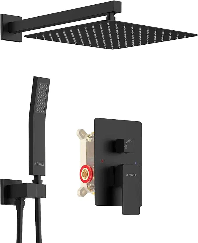 KOJOX Shower System with High Pressure 10'' Rainfall Shower Head, Handheld Shower head and Shower Faucet Trim valve, Bathroom Luxury Rain Mixer Shower Combo Set Wall Mounted Matte Black - ModernBath