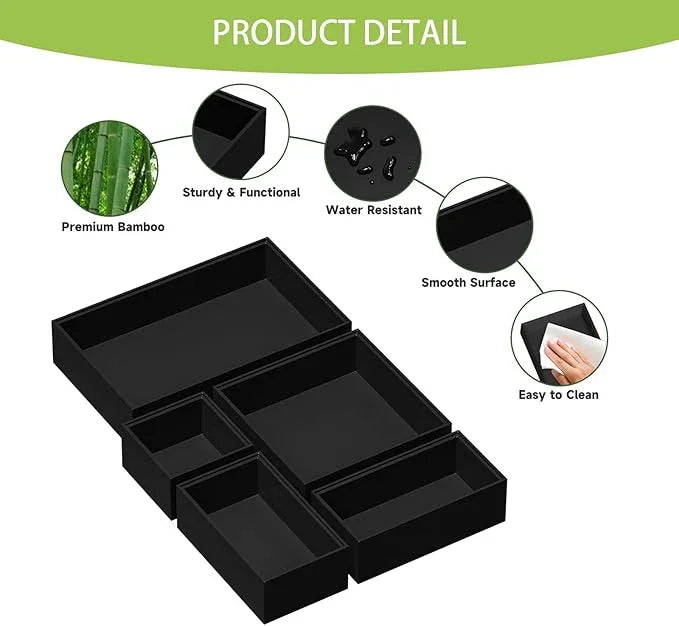 Bamboo Drawer Organizer Set, 5 PCS Multi-use Varied Sizes Junk Drawer Organizer Kitchen Storage Box for Office, Home, Bedroom, Bathroom, Black - ModernBath