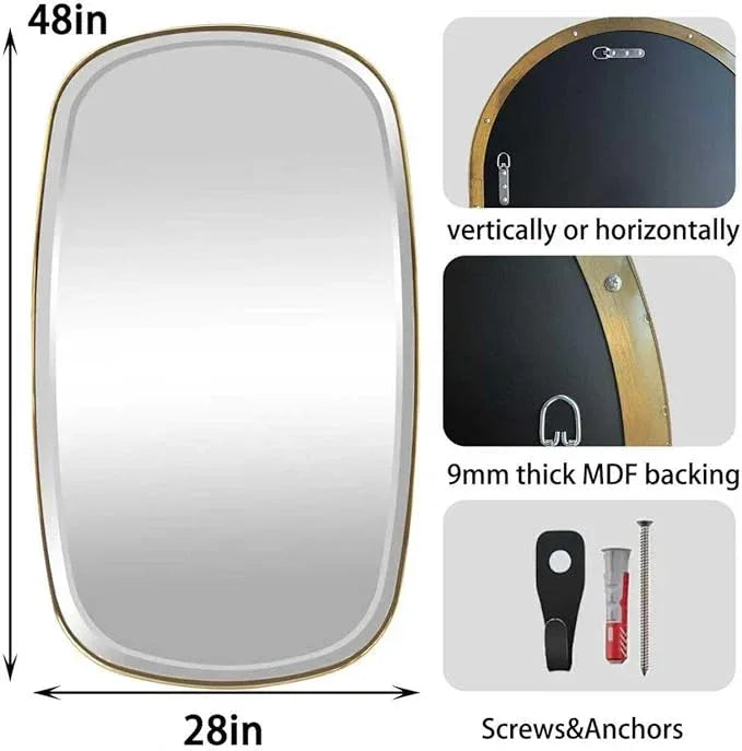 POZINO Gold Beveled Mirror, 28"x48" Modern Rounded Rectangle Mirrors, Large Brass Oval Mirrors, Oblong Vanity Wall Mirror for Bedroom Living Room Entryway Fireplace, Hangs Horizontal Or Vertical - ModernBath