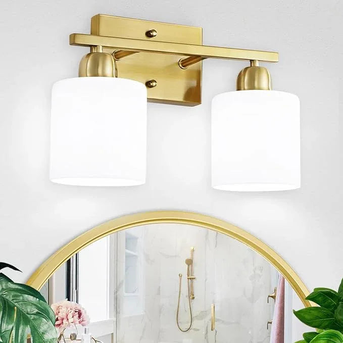 FAISHILAN 2 Light Bathroom Vanity, Bathroom Lights Over Mirror with Milky White Frosted Glass Shades, Gold Vanity Light for Mirror Living Room Bedroom Hallway E26 Base - ModernBath