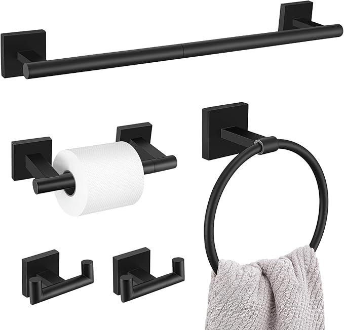 Matte Black Bathroom Hardware Set, 5-Piece Bath Towel Bar Set with 23.6” Towel Bar, Towel Ring, Toilet Paper Holder, Two Hooks, SUS304 Towel Racks for Bathroom Wall Mounted - ModernBath