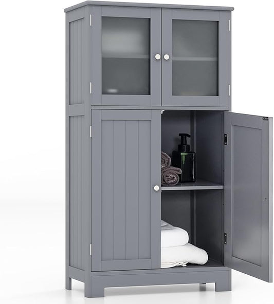 Tangkula Bathroom Floor Cabinet, Freestanding Storage Cabinet w/Glass Doors, Wood Kitchen Cupboard w/Adjustable Shelf, Bathroom Storage for Hallway Living Room Office (Cabinets, Grey)
