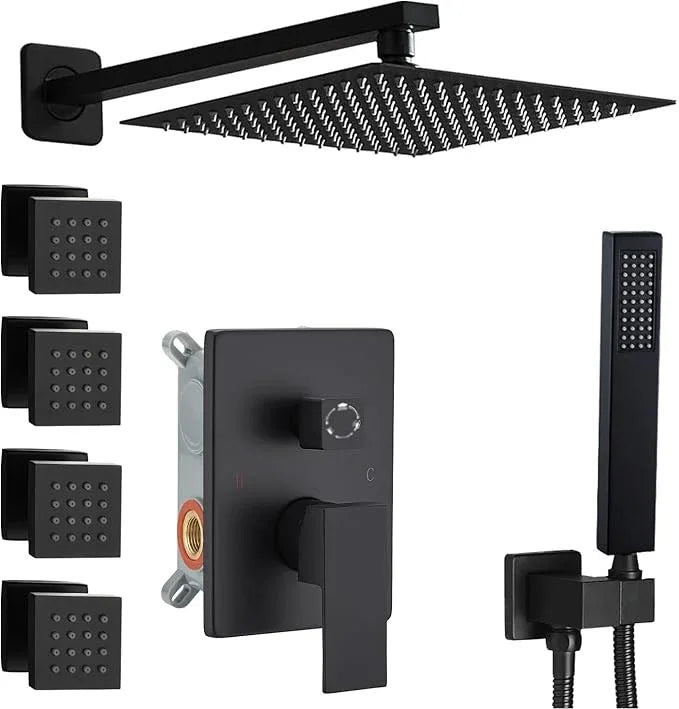 annazom Matte Black Shower Faucet Set with Body Jets 10 Inch Matte Black Shower Head Handheld Shower Combo Set High Pressure Wall Mount with Rough-in Valve - ModernBath