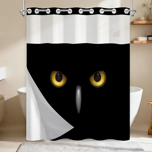 No Hook Black Shower Curtain, Animal Style Cool Owl Shower Curtain with Liner, Warerproof Fabric Cloth Shower Curtains with Sheer Top Window, Rustic Minimalist Mysterious Owl Pattern, 71x74 Inches - ModernBath