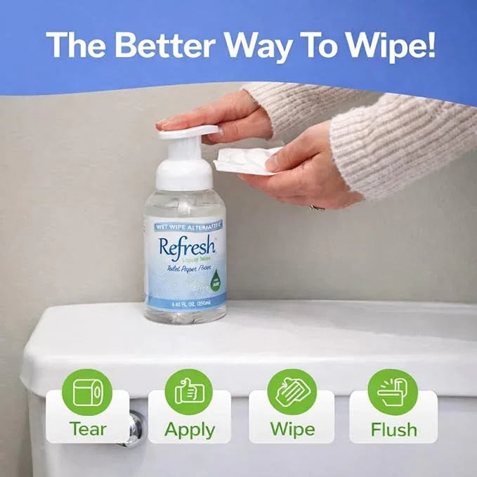 Refresh Liquid Wipe Free - Toilet Paper Foam for Sensitive Skin - Flushable Wet Wipe Alternative - Cleanses & Soothes with Witch Hazel & Aloe - Alcohol & Paraben Free, 250ml & 50ml (10.14 oz) (Combo) - ModernBath