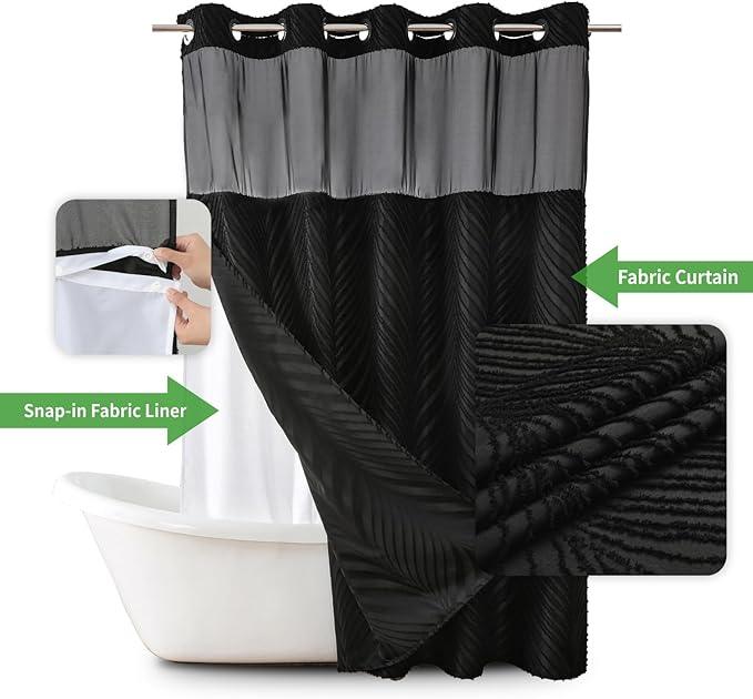 eachope no Hook Shower Curtain and Liner Set，Boho Style with See Through Top Window, Black Fabric Tufted Striped Textured Outer Curtain & Waterproof Inner Liner, DarkBlack, 71Wx98H - ModernBath