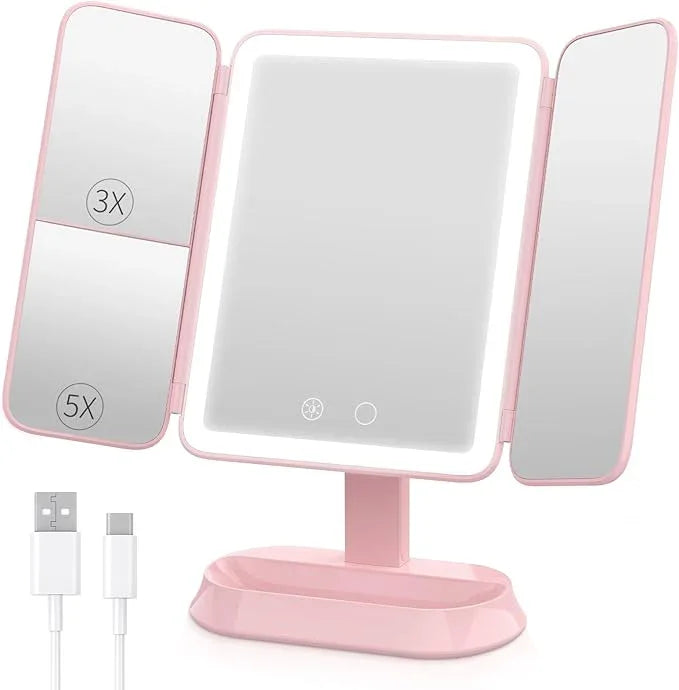 FRANO Rechargeable Trifold Makeup Mirror with Lights, 1X/3X/5X Magnification, Cordless 3-Color LED Vanity Mirror for Travel & Desk, Up to 20H Use, Ideal Gift for Women & Teens - Pink - ModernBath