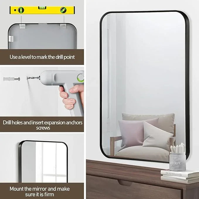 CLBA Black Bathroom Mirror, 24x32 Inch Matte Black Mirror, Aluminum Alloy Framed Vanity Mirror, Rounded Rectangle Bathroom Mirror for Over Sink, Anti-Rust Wall Mirror (Horizontally or Vertically) - ModernBath