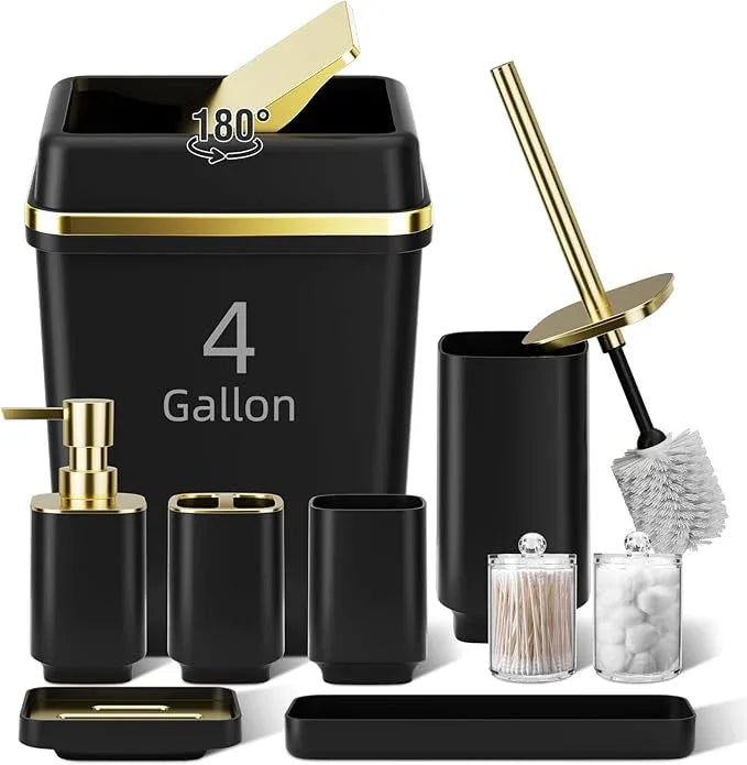 9PCS Bathroom Accessory Set, Black Bathroom Set with Large-Capacity 4 Gallon Trash Can, Bathroom Accessories Set Complete, Toothbrush Holder, Soap Dispenser, Toilet Brush, Bathroom Decor - ModernBath