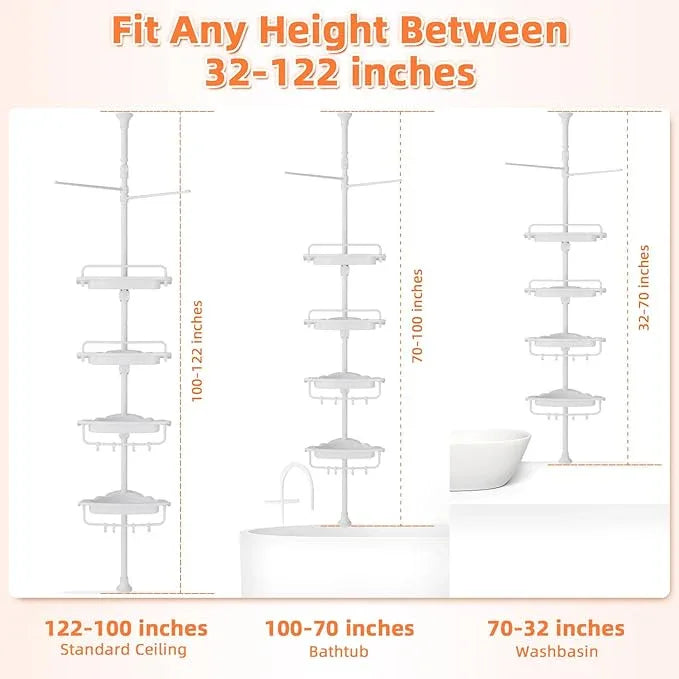 32-122inch Corner Shower Caddy Tension Pole All White, Rustproof Drill-Free Shower Shelves for Bathroom Bathtub Washbasin, Adjustable Shower Organizer with 4 Tier Patent Shelves & Towel Bars - ModernBath