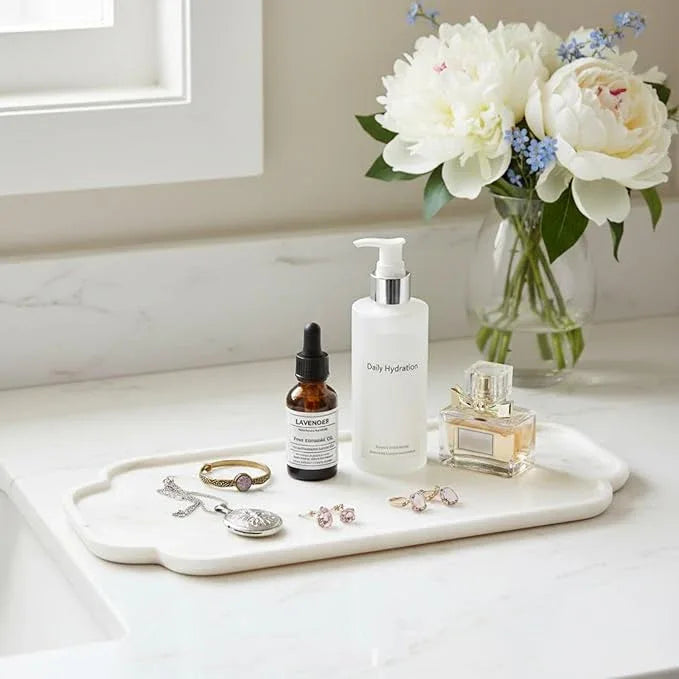 Marmor 100% Natural Marble Bathroom Tray for Perfume, Candles, Jewelry Stone Vanity, Bathroom & Kitchen Counter Organizer and Home Decor (Calacatta Gold Marble Lace Long Plate（14.2 * 7.9 * 0.7）) - ModernBath