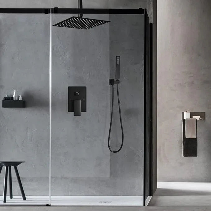 JingGang 12 Inch Ceiling Mount Matte Black Shower System Bathroom Luxury Rain Mixer Shower Combo Set Ceiling Rainfall Shower Head System (Contain Shower Faucet Rough-in Valve Body and Trim Kit) - ModernBath