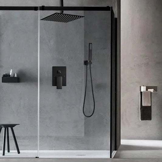 JingGang 12 Inch Ceiling Mount Matte Black Shower System Bathroom Luxury Rain Mixer Shower Combo Set Ceiling Rainfall Shower Head System (Contain Shower Faucet Rough-in Valve Body and Trim Kit) - ModernBath