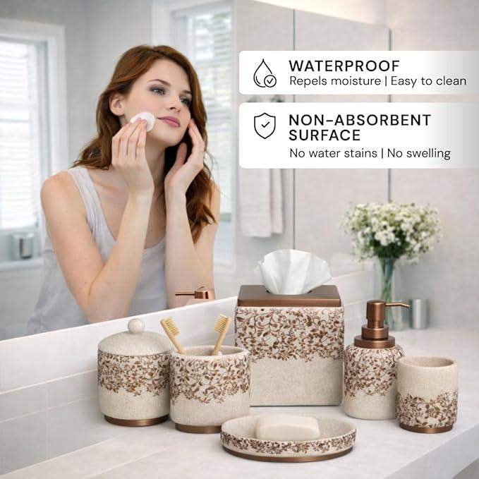 Decozen Bathroom Accessories Set 6Pcs – Soap Dispenser, Toothbrush Holder, Tumbler, Soap Dish & Cotton Swab Jar – Modern Bathroom Decor, Bath Set for Christmas Decor - ModernBath