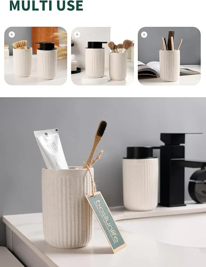 Bosilunlife Soap Dispenser and Toothbrush Holder Set - Dish Hand Soap Dispenser Bathroom Set Ceramic Bathroom Counter Soap Toothbrush Holder Set Beige Bathroom Accessories Set - ModernBath
