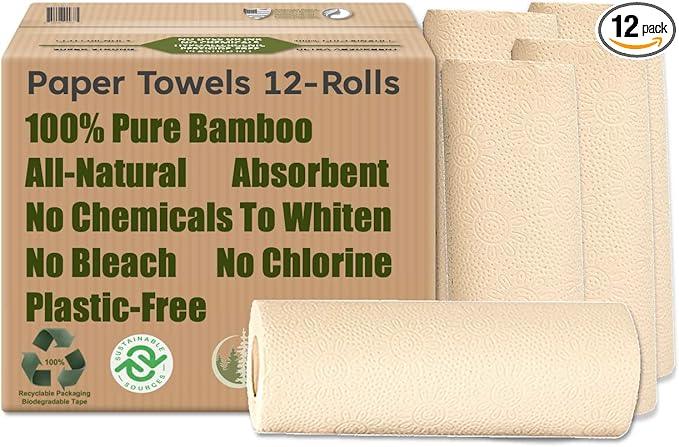 Purafide 100% Bamboo Paper Towels, Tree-Free, Chemical-Free, Lint-Free, Durable, Absorbent, Select-a-Size 2-Ply, 90 Sheets Per Roll. (PT 12 Rolls) - ModernBath