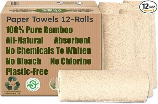 Purafide 100% Bamboo Paper Towels, Tree-Free, Chemical-Free, Lint-Free, Durable, Absorbent, Select-a-Size 2-Ply, 90 Sheets Per Roll. (PT 12 Rolls) - ModernBath