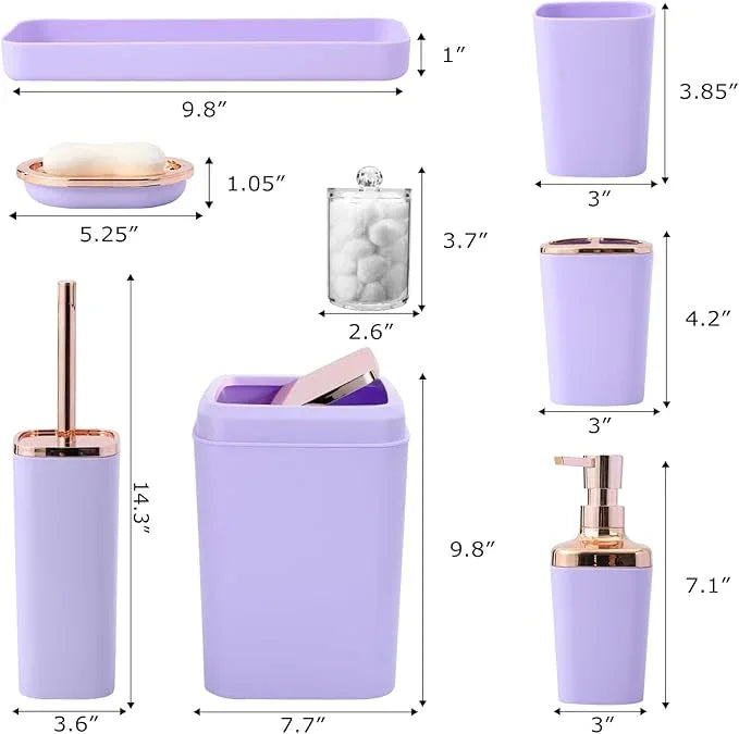 XLHOMO 9-Piece Bathroom Accessories Set, Purple Bathroom Accessories Sets Complete with Trash Can,Tray,Soap Dispenser,Toothbrush Holder,Toothbrush Cup,Soap Dish,Toilet Brush and Q-tip Holders - ModernBath