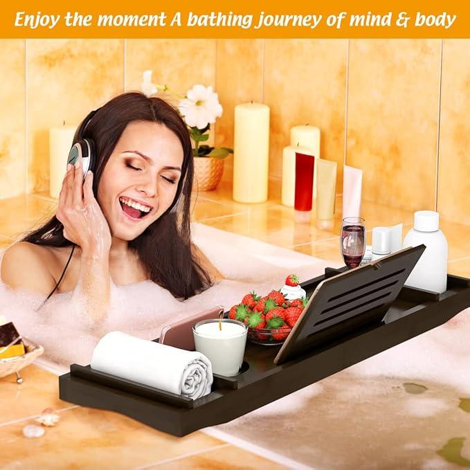 Bamboo Bathtub Tray for Luxury Bathroom, Expandable Premium Bath Tray w/Soap Towel Book Holder, Adjustable Bath Accessories for Tub,Extendable Tub Tray w/Wine Glass Cup Organizer 29.5-43.3" Espresso - ModernBath
