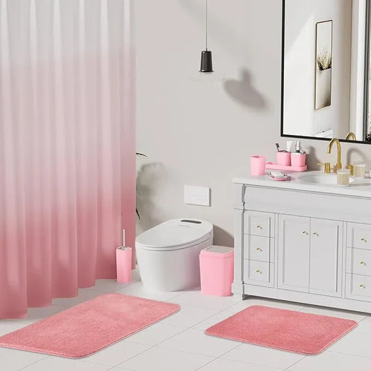 XLHOMO Bathroom Accessory Set–Bathroom Sets with Shower Curtain and Rugs, Non Slip Bathroom Rugs Super Absorbent, Pink Ombre Waterproof Shower Curtain with Hooks, Pink Bathroom Sets Complete for Home - ModernBath