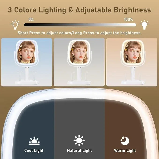 FRANO Vanity Mirror with Lights, Rectangular Lighted Makeup Mirror with 3 Color Lights, 1X/10X Magnification, Adjustable Height, 360° Rotation, 4000mAh Rechargeable for Desk, Gifts for Women - ModernBath