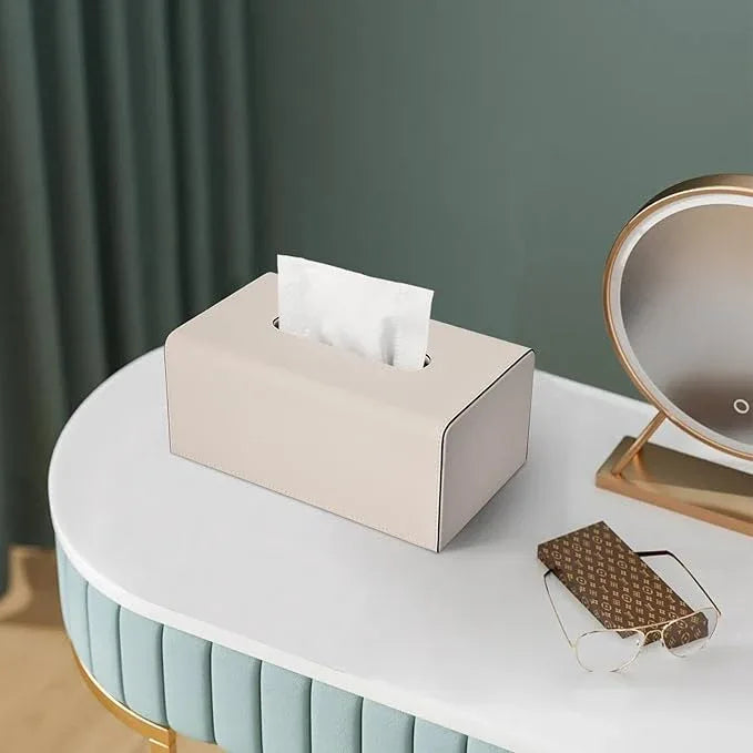 Tissue Box Cover, PU Leather Rectangular Tissue Box Holder with Magnetic Bottom Cover for Facial Tissues/Napkins, Office & Living Room Decor Box for Standard 120-count (3-Ply) 160-count (2-Ply) Beige - ModernBath