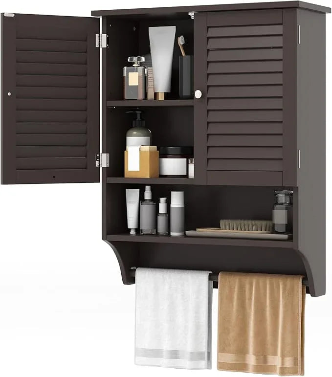 Tangkula Wall Mounted Bathroom Cabinet w/Open Shelf & Bar, Medicine Cabinet w/Double Louvered Doors, Adjustable Shelf, Wall Storage Cabinet for Bathroom Living Room Kitchen (Espresso) - ModernBath