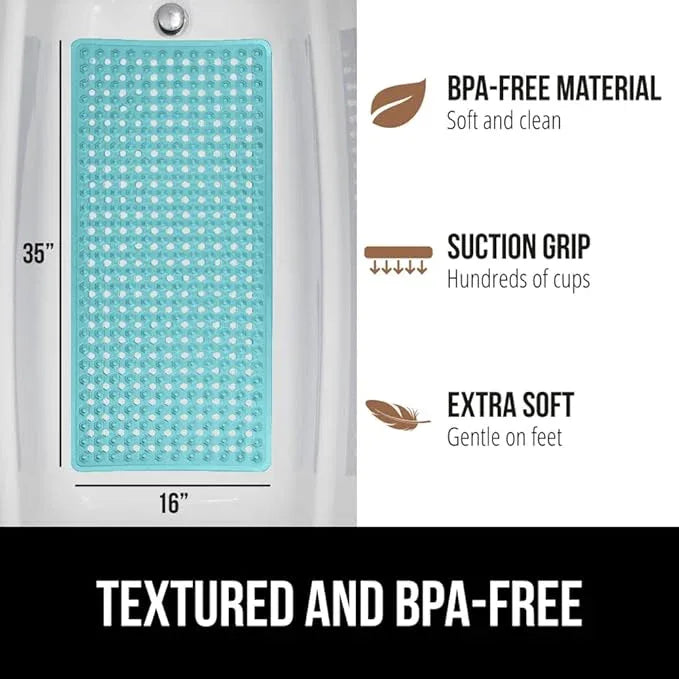 GORILLA GRIP Patented Bath Tub Shower Mat, Machine Washable Bathtub Floor Liner Mats, Suction Cups and Drain Holes to Keep Tubs Clean, Soft on Feet, Bathroom Essentials, 35x16 Inch, Clear Turquoise - ModernBath
