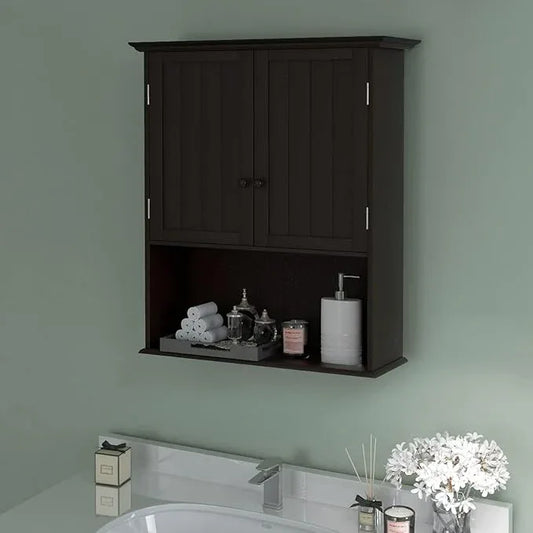 Tangkula Wall Mount Bathroom Cabinet Wooden Medicine Cabinet Storage Organizer with 2-Doors and 1-Shelf Cottage Collection Wall Cabinet (Espresso) - ModernBath