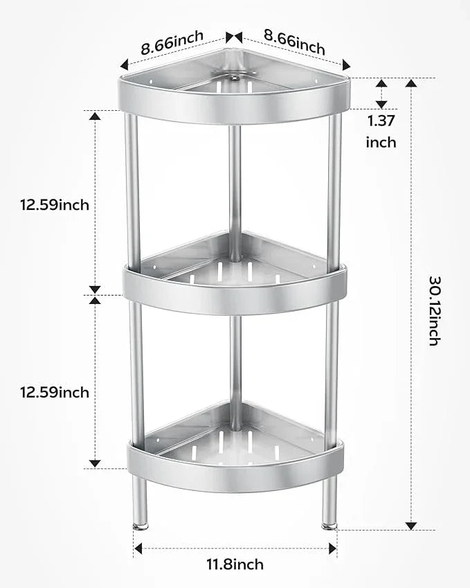Nieifi Corner Shower Caddy Stand-3 Tier Rustproof Anodized Aluminum Standing Shower Organizer-Shower Caddy Corner-Dual Stability to Anti-Shaking-Height-Adjustable Legs for Uneven Surfaces-Silver - ModernBath