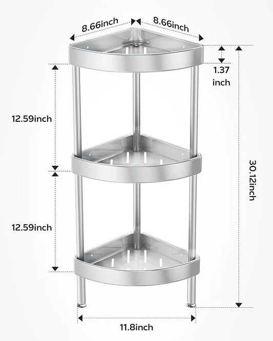 Nieifi Corner Shower Caddy Stand-3 Tier Rustproof Anodized Aluminum Standing Shower Organizer-Shower Caddy Corner-Dual Stability to Anti-Shaking-Height-Adjustable Legs for Uneven Surfaces-Silver - ModernBath