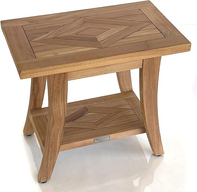 Bayview Patio Nautica Teak Shower Bench with Shelf, Shower Stool for Bath Tub or Spa or Sauna, Shower Bench for Elderly, Indoor, Outdoor Bathroom Stool Bench, Shower Seat, Teak Side End Table - ModernBath
