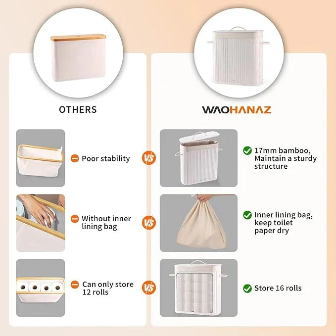 Bamboo Toilet Paper Storage with Lid & Handel, 8 Gallons (30L), Sturdy Toilet Paper Basket, Organizer for Bathroom, Kitchen, Holder with Storage, White - ModernBath