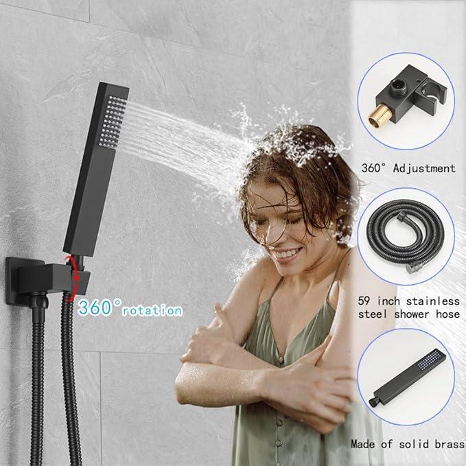 YCAIKOI Matte Black Shower System, 8 Inch High Pressure Rain Shower with Handheld, Wall Mount Shower Faucet Set for Bathroom, Rough-in Valve Body and Trim Included - ModernBath