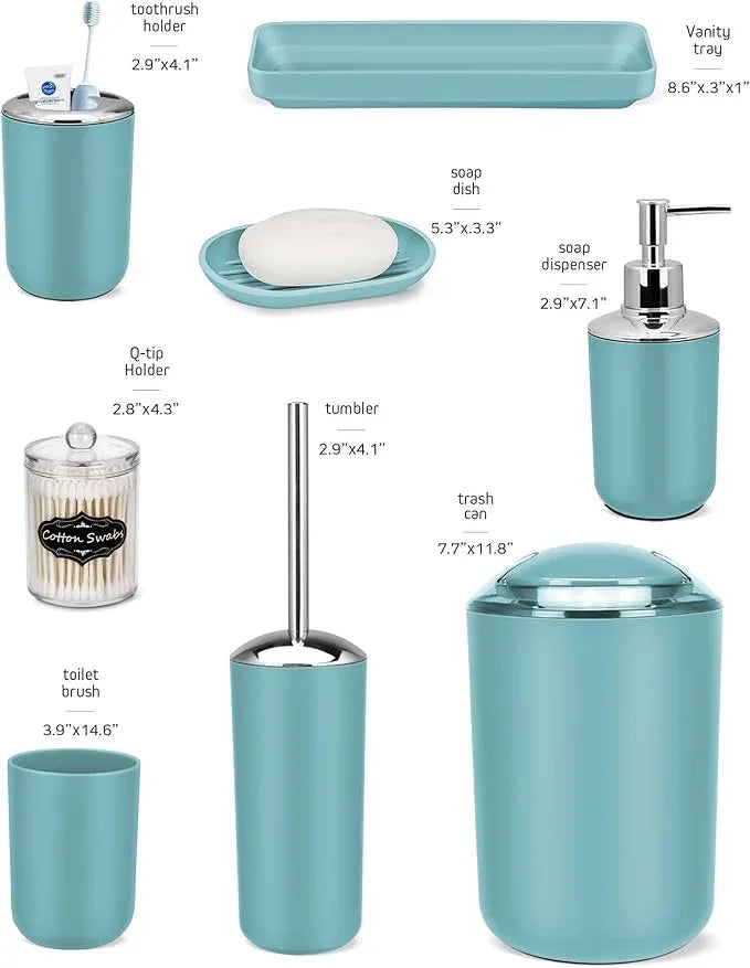IMAVO Bathroom Accessories Set,Blue Bathroom Set,9 Pieces Bathroom Accessory Set,Tray,Qtip Holders,Toilet Brush,Trash Can for Bathroom Décor and Home Gifts - ModernBath