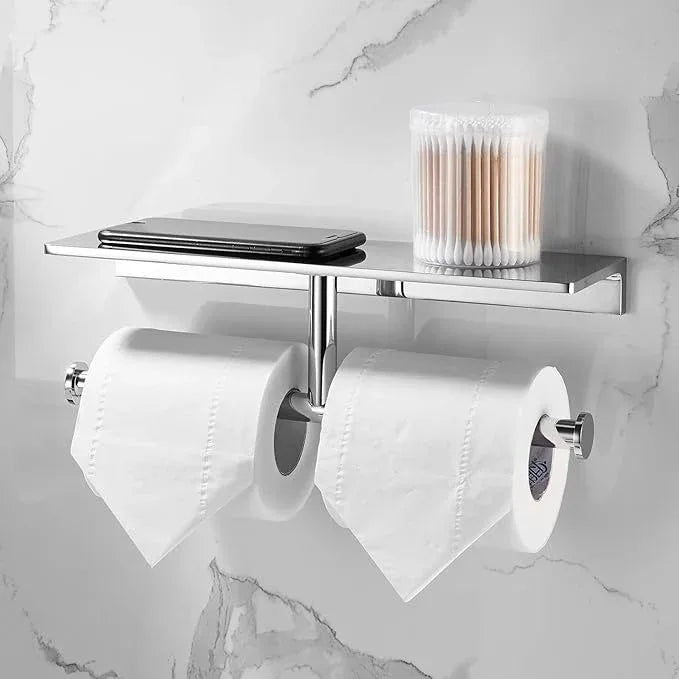 Double Toilet Roll Paper Holder Bathroom Solid Brass and Superior Hotel Style Wall Mount Tissue Roll Holder with Storage Shelf Bright Chrome Finished - ModernBath
