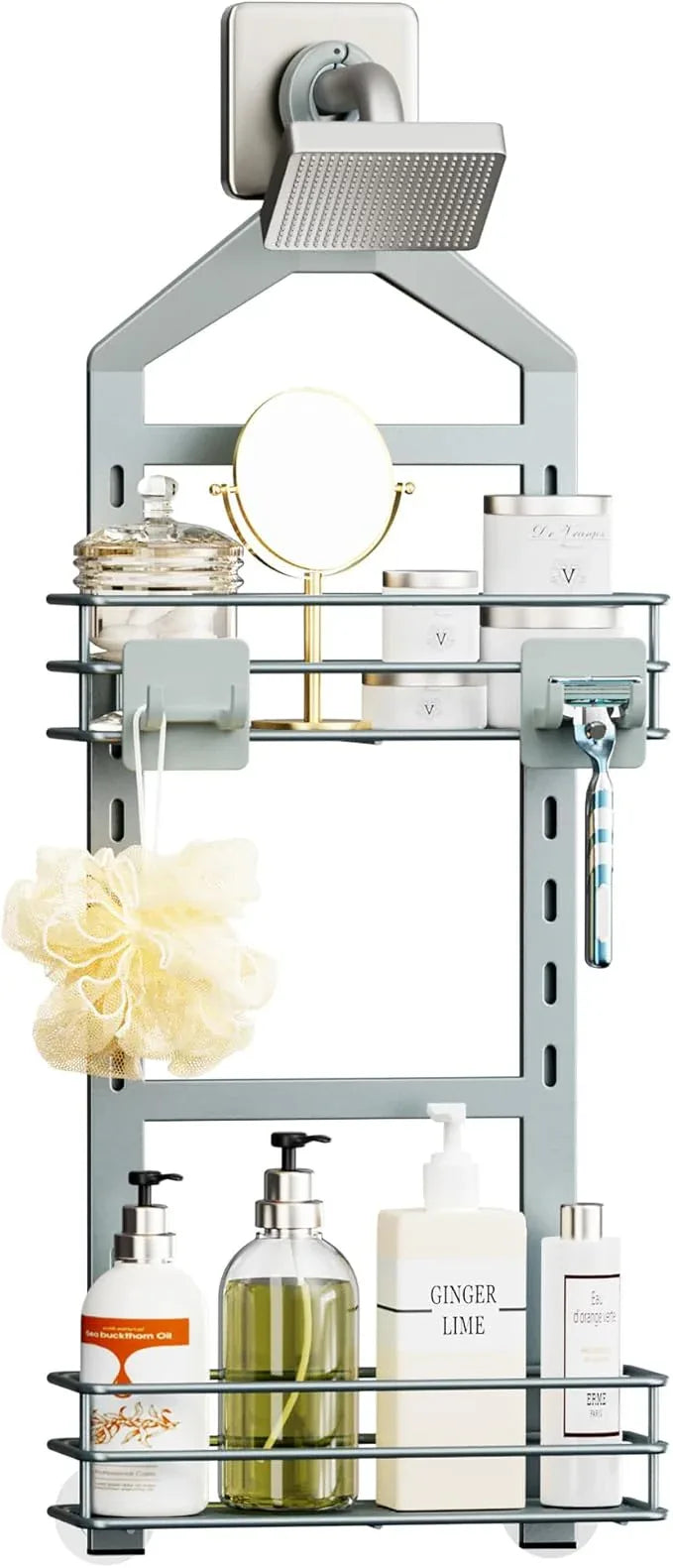 Orimade Adjustable Anti-slip Shower Caddy over Shower Head, Rustproof Bathroom Hanging Organizer with 2 Hooks for Razor, No Drilling Shelves Storage Rack 2 Tier, Light Grey - ModernBath