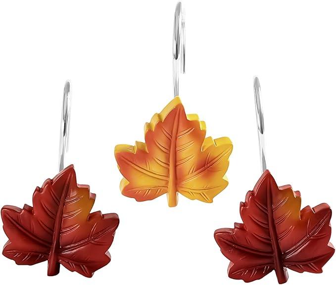 Gibelle 12PCS Maple Leaf Shower Curtain Hooks, Orange Red Decorative Leaves Fall Shower Curtain Hooks Metal Rustproof Cute Autumn Fall Leaves Shower Curtain Rings Bathroom Decoration Accessories - ModernBath