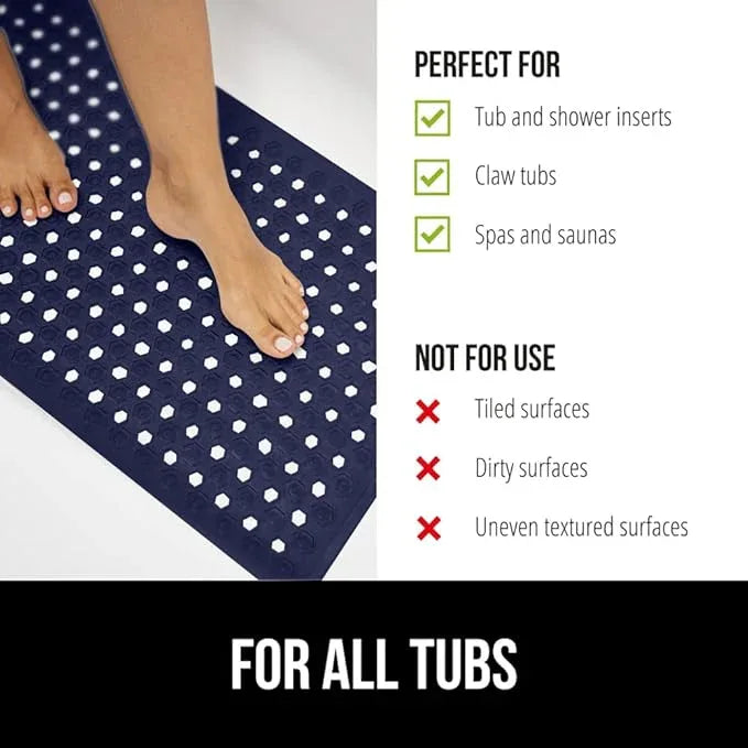 GORILLA GRIP Patented Bath Tub Shower Mat, Machine Washable Bathtub Floor Liner Mats, Suction Cups and Drain Holes to Keep Tubs Clean, Soft on Feet, Bathroom Essentials, 35x16 Inch, Navy Opaque - ModernBath