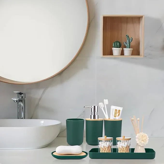 SLDIYWOW 9-Piece Dark Green Bathroom Accessories Set with Trash Can, Tray, Soap Dispenser, Toothbrush Holder, Toothbrush Cup, Soap Dish, Toilet Brush and Q-tip Holders for Bathroom/Housewarming - ModernBath