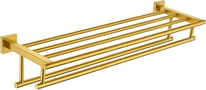 Angle Simple Towel Rack for Bathroom, SUS 304 Stainless Steel Hand Towel Holder with Shelf, Brushed Gold, 27.56 Inches - ModernBath