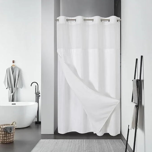 eachope White No Hook Waffle Weave Shower Curtain with snap-in Liner Replacement, 230GSM Waterproof Fabric Hotel Shower Curtain Set for Bathroom, Through Mesh Top Window,60Wx86H - ModernBath