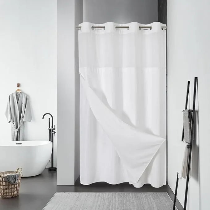 eachope White No Hook Waffle Weave Shower Curtain with snap-in Liner Replacement, 230GSM Waterproof Fabric Hotel Shower Curtain Set for Bathroom, Through Mesh Top Window,60Wx74H - ModernBath