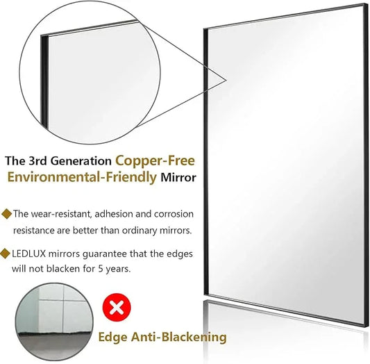 LEDLUX 26x36 Inch Black Bathroom Mirror, Copper-Free Mirror, Aluminum Alloy Frame Vanity, Rectangle Wall Mounted Modern Mirror for Bedroom/Living Room/Porch Horizontal or Vertical - ModernBath