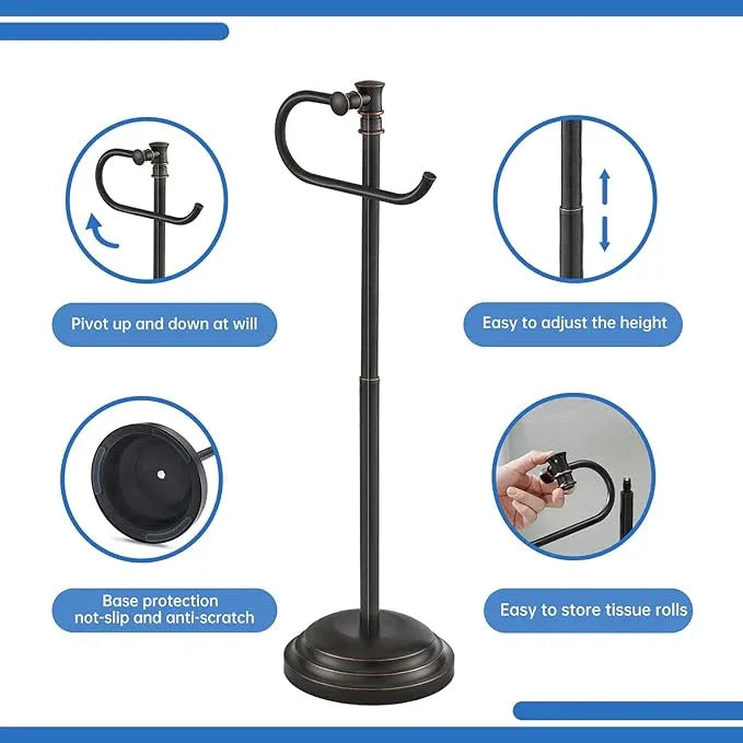 RUMOSE Toilet Paper Holder Stand for Floor, Oil Rubbed Bronze Adjustable (12.4" to 22.8") Bathroom Toilet Tissue Holder, Free Standing Toilet Paper Roll Holder with Storage, Stainless Steel - ModernBath
